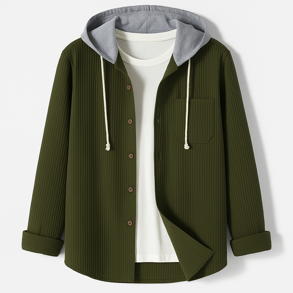 Hooded Overshirt for Men with Button Placket and Chest Pocket