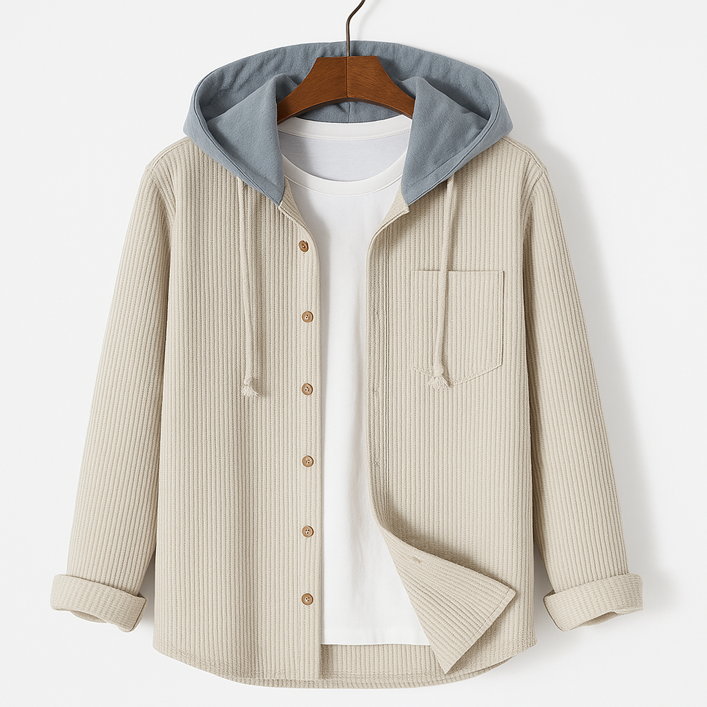 Hooded Overshirt for Men with Button Placket and Chest Pocket