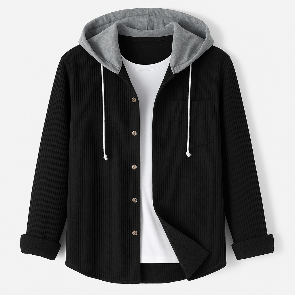 Hooded Overshirt for Men with Button Placket and Chest Pocket