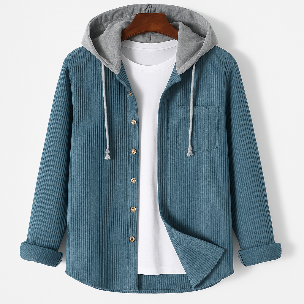 Hooded Overshirt for Men with Button Placket and Chest Pocket