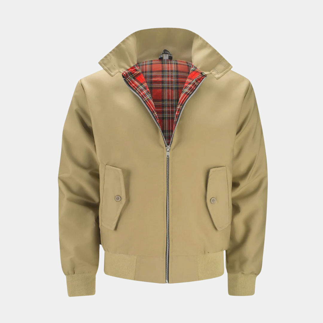 Men's Classic Harrington Jacket with Stand Collar and Zip Closure