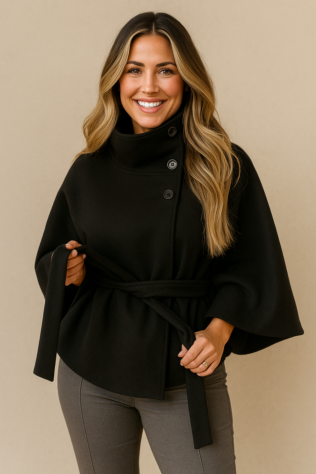Elegant Women's Cape Coat with High Collar and Self-Tie Belt