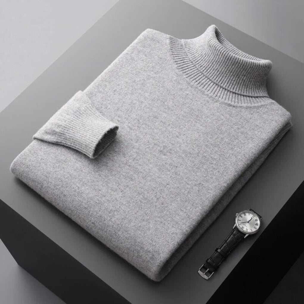 Men's Relaxed Fit Turtleneck Sweater with Fold-Over Collar and Long Sleeves