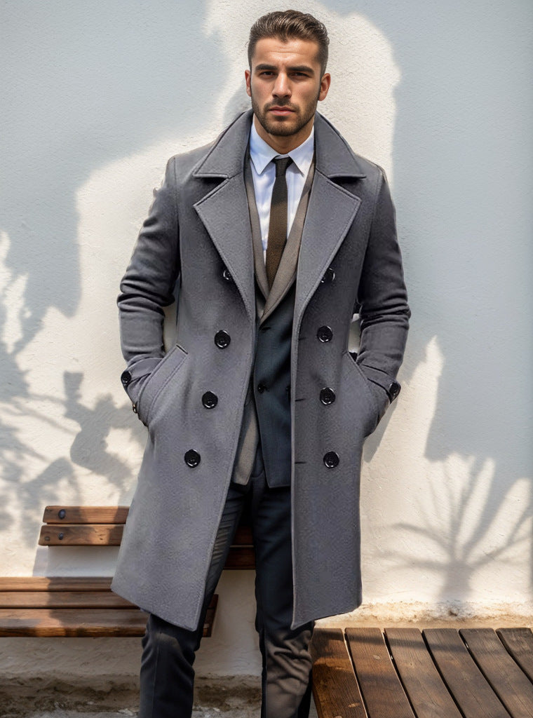 Men's Double-Breasted Trench Coat with Notch Collar and Knee-Length Design