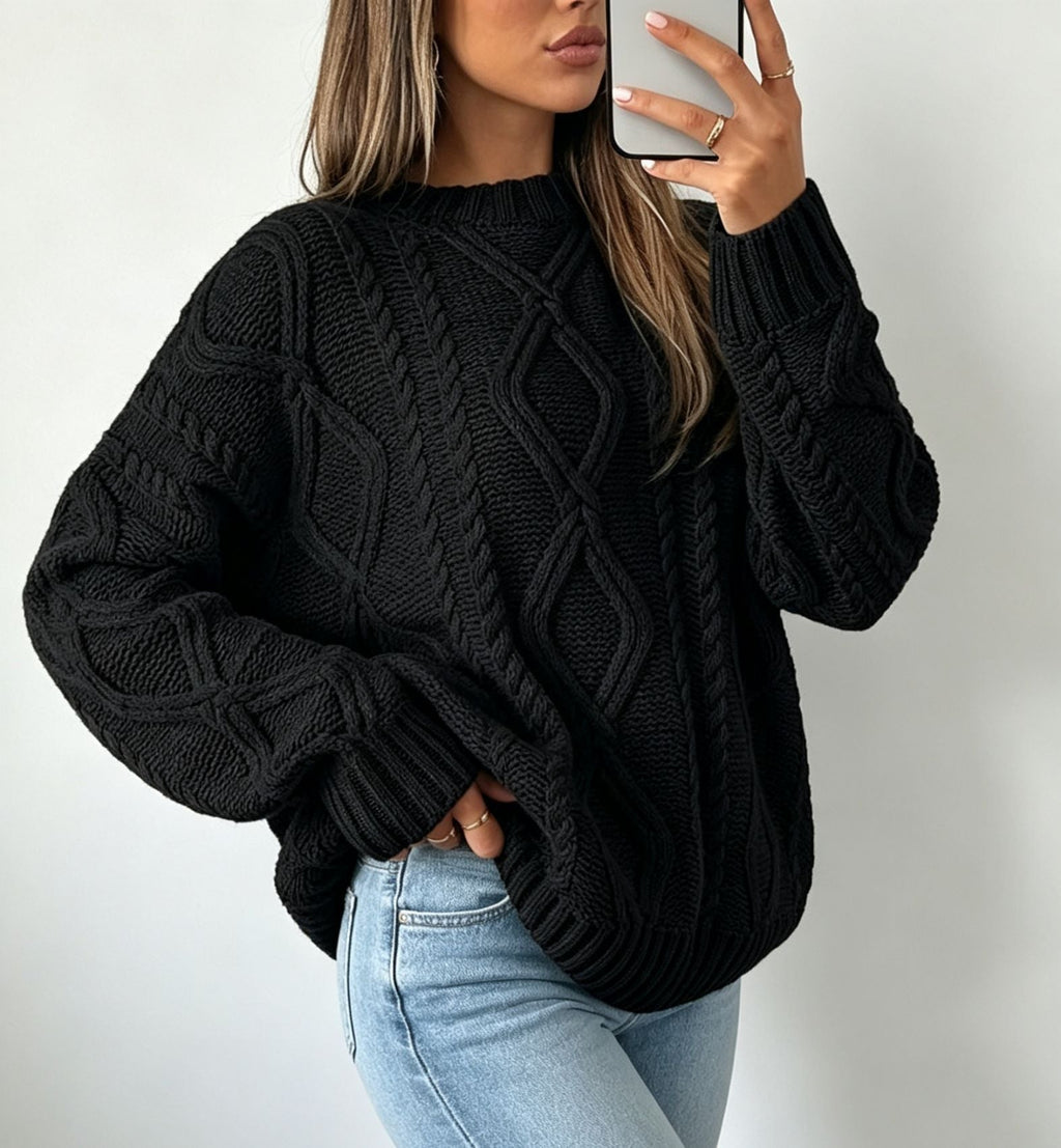 Oversized Cable-Knit Sweater with Crew Neck and Braided Texture