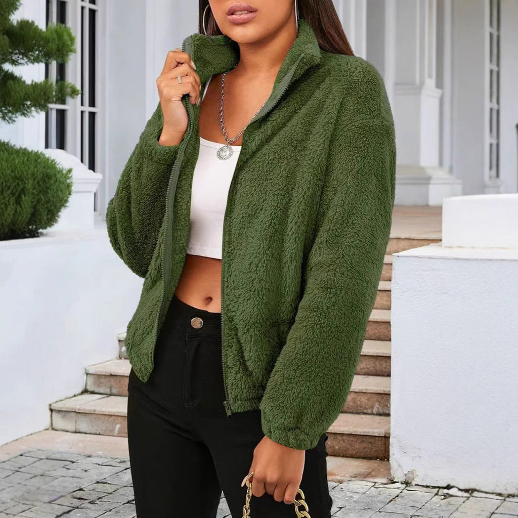 Cozy High Collar Teddy Jacket with Full Zip and Relaxed Fit for Women