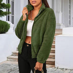 Cozy High Collar Teddy Jacket with Full Zip and Relaxed Fit for Women