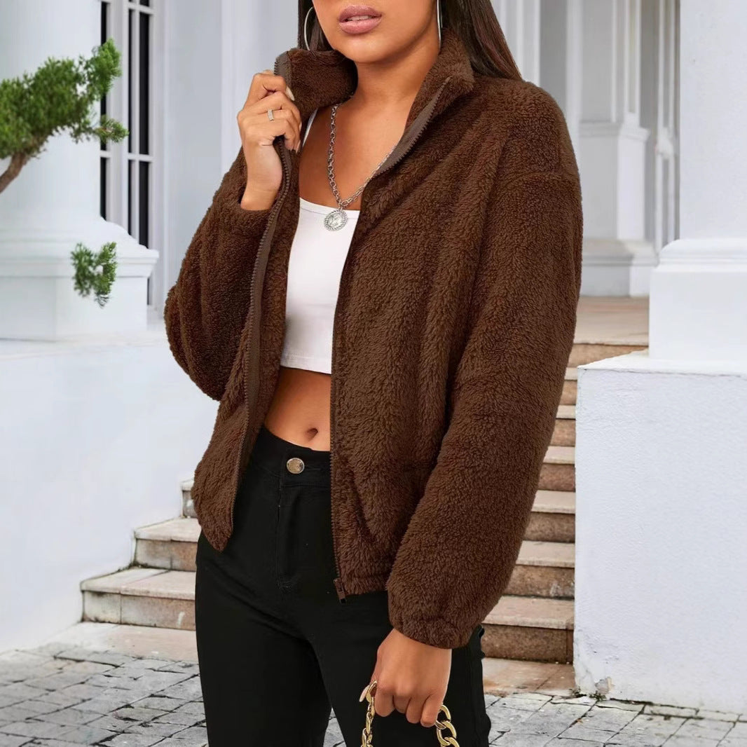 Cozy High Collar Teddy Jacket with Full Zip and Relaxed Fit for Women
