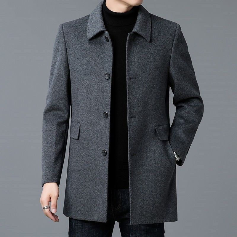 Tailored Men's Mid-Length Overcoat with Notched Collar and Button Closure