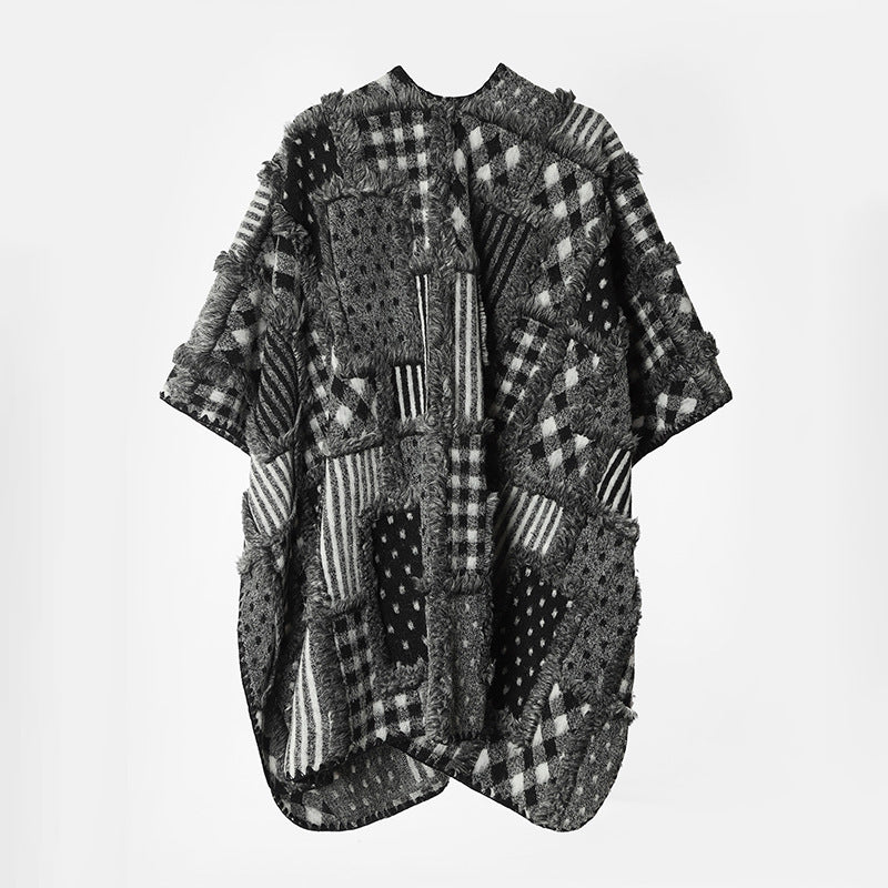 Oversized Women's Patchwork Kimono Cape with Open Front and Wide Sleeves