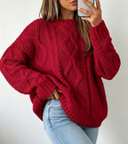 Oversized Cable-Knit Sweater with Crew Neck and Braided Texture