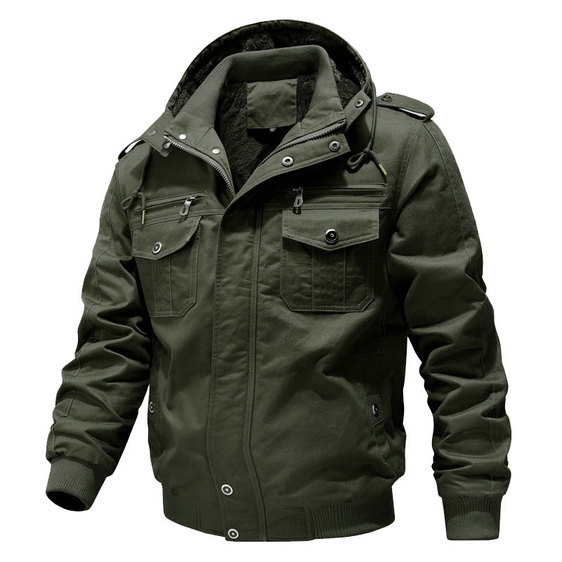 Men's Sherpa-Lined Hooded Field Jacket with Multiple Cargo Pockets
