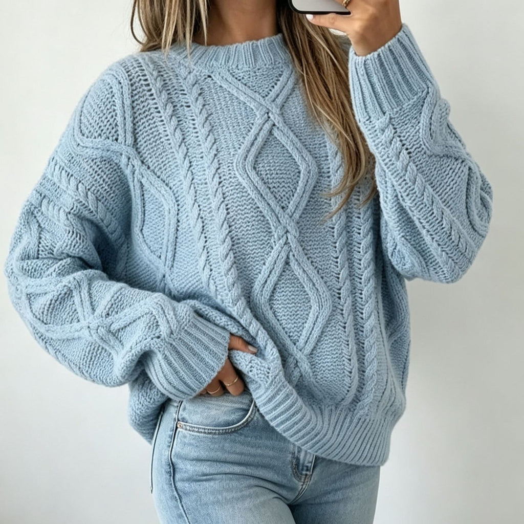 Oversized Cable-Knit Sweater with Crew Neck and Braided Texture