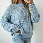 Oversized Cable-Knit Sweater with Crew Neck and Braided Texture