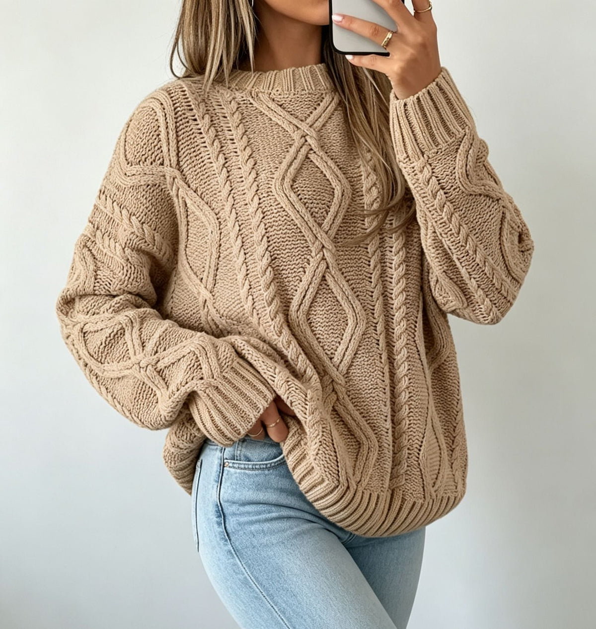 Oversized Cable-Knit Sweater with Crew Neck and Braided Texture
