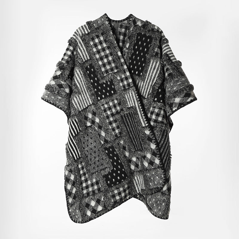 Oversized Women's Patchwork Kimono Cape with Open Front and Wide Sleeves