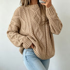 Oversized Cable-Knit Sweater with Crew Neck and Braided Texture