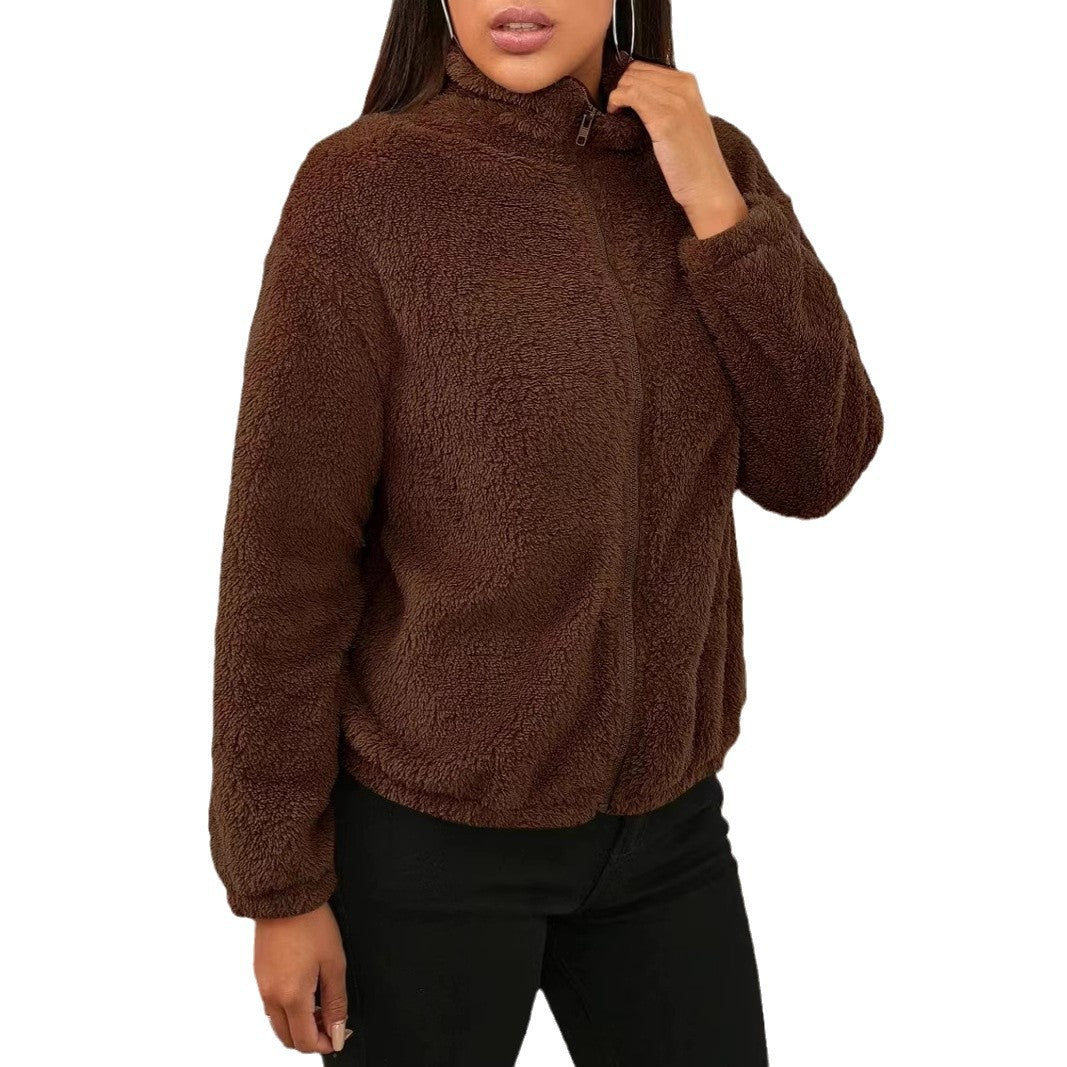 Cozy High Collar Teddy Jacket with Full Zip and Relaxed Fit for Women
