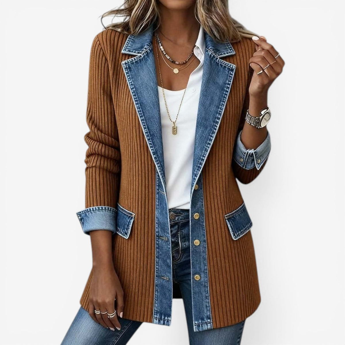 Women's Elegant Layered Collar Button Jacket with Modern Textured Design