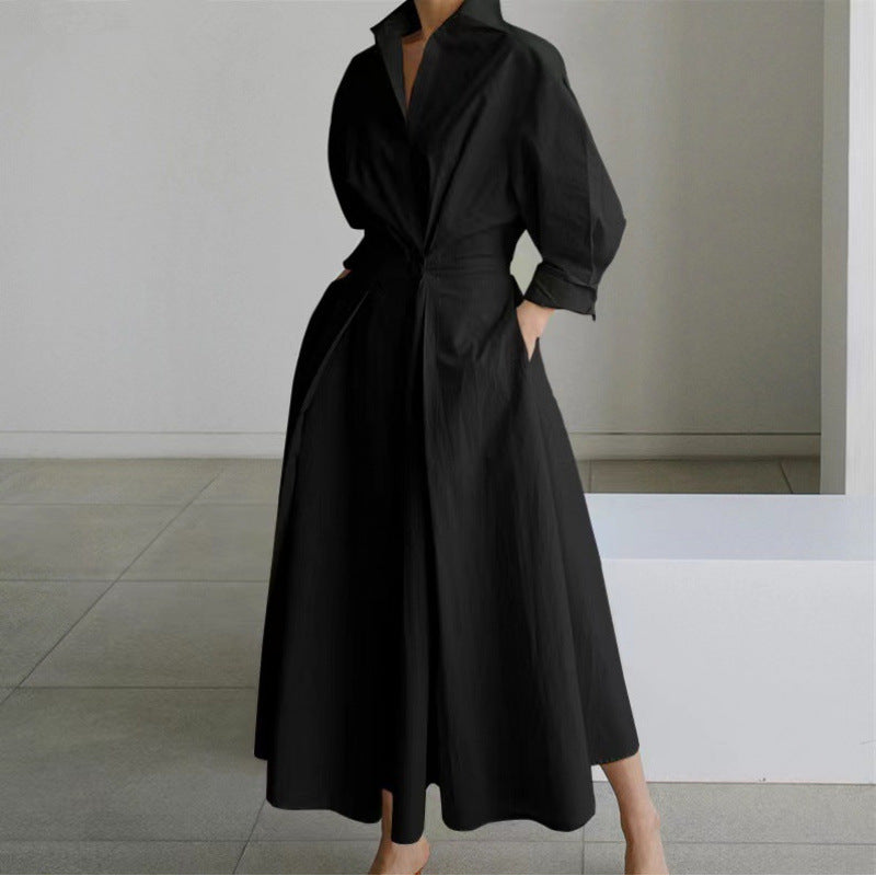 Women's Elegant Front Wrap Collared Maxi Dress for Timeless Sophistication