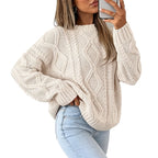 Oversized Cable-Knit Sweater with Crew Neck and Braided Texture