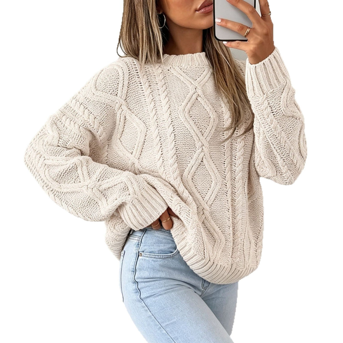 Oversized Cable-Knit Sweater with Crew Neck and Braided Texture