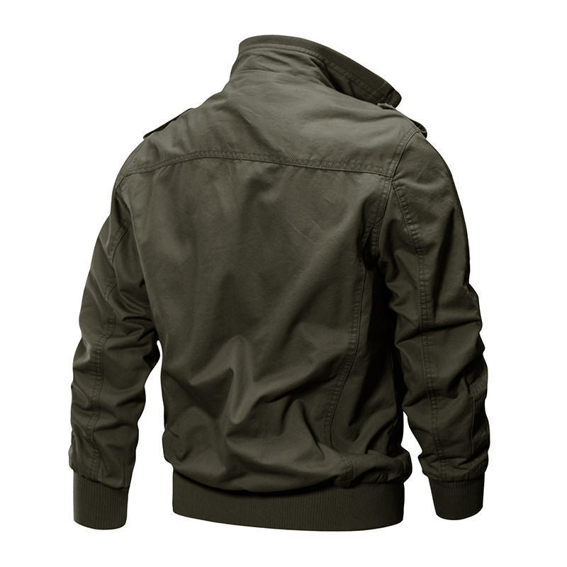 Men's Military-Inspired Canvas Field Jacket with Stand Collar and Zipper Front