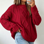 Oversized Cable-Knit Sweater with Crew Neck and Braided Texture