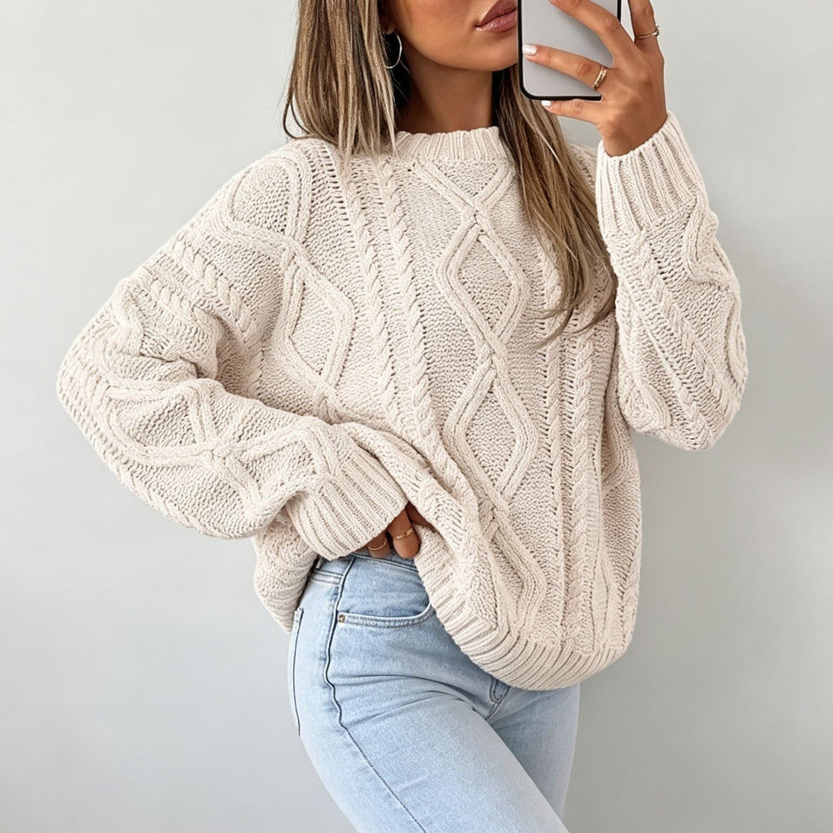 Oversized Cable-Knit Sweater with Crew Neck and Braided Texture