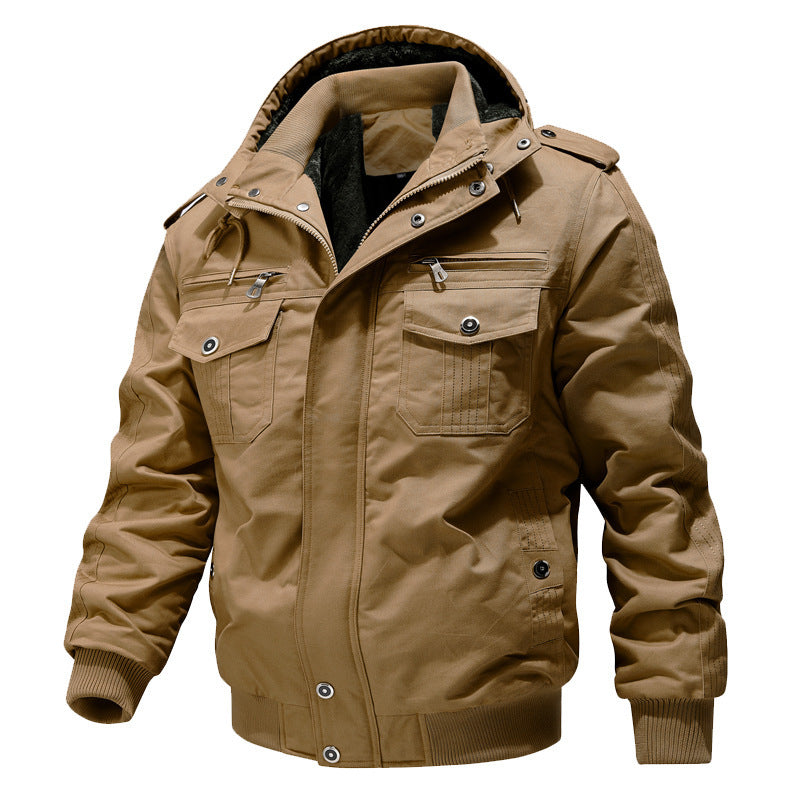 Men's Sherpa-Lined Hooded Field Jacket with Multiple Cargo Pockets