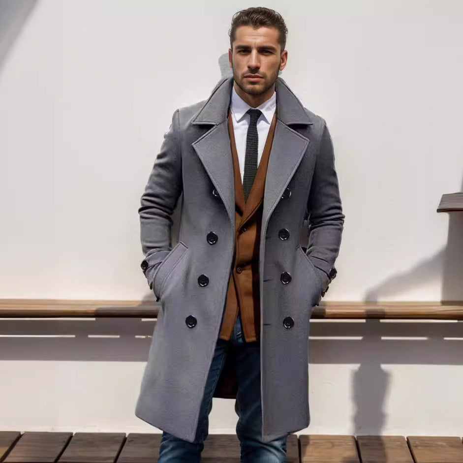 Men's Double-Breasted Trench Coat with Notch Collar and Knee-Length Design