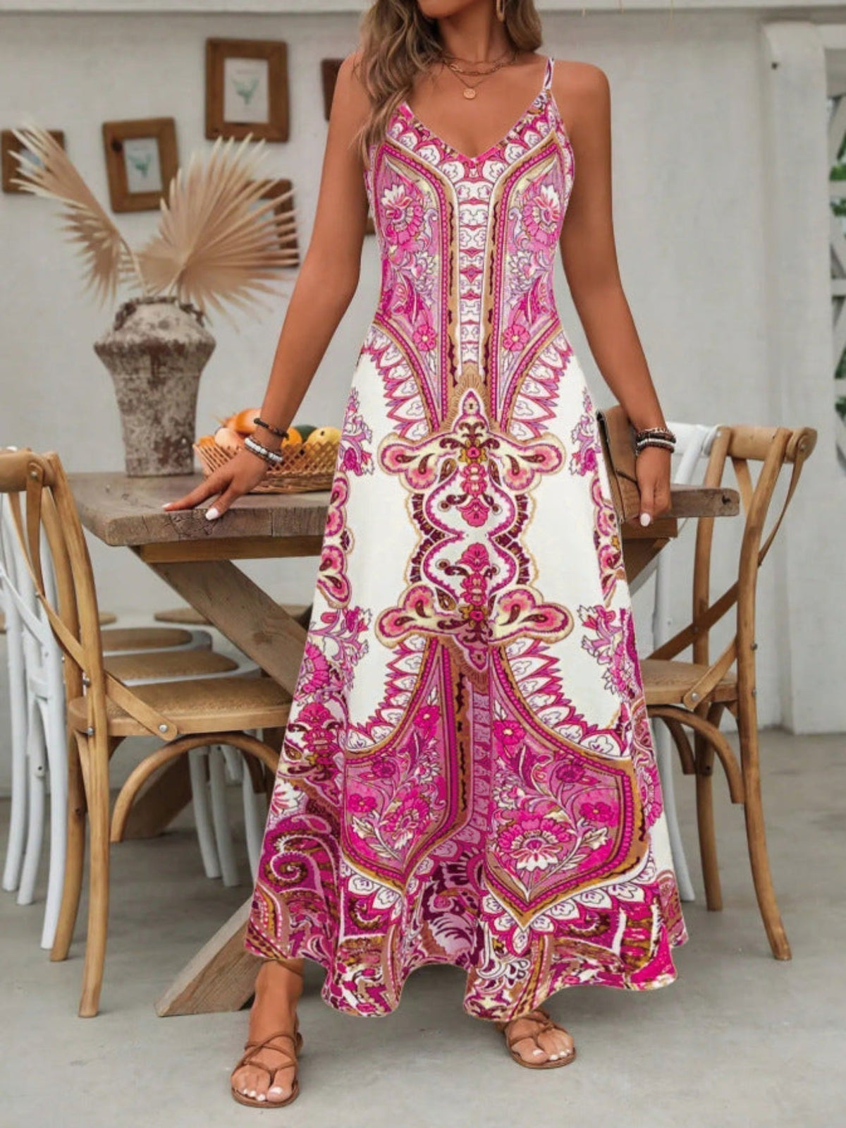 Women’s Bohemian V-Neck Maxi Dress with Relaxed Fit and Standard Sleeves