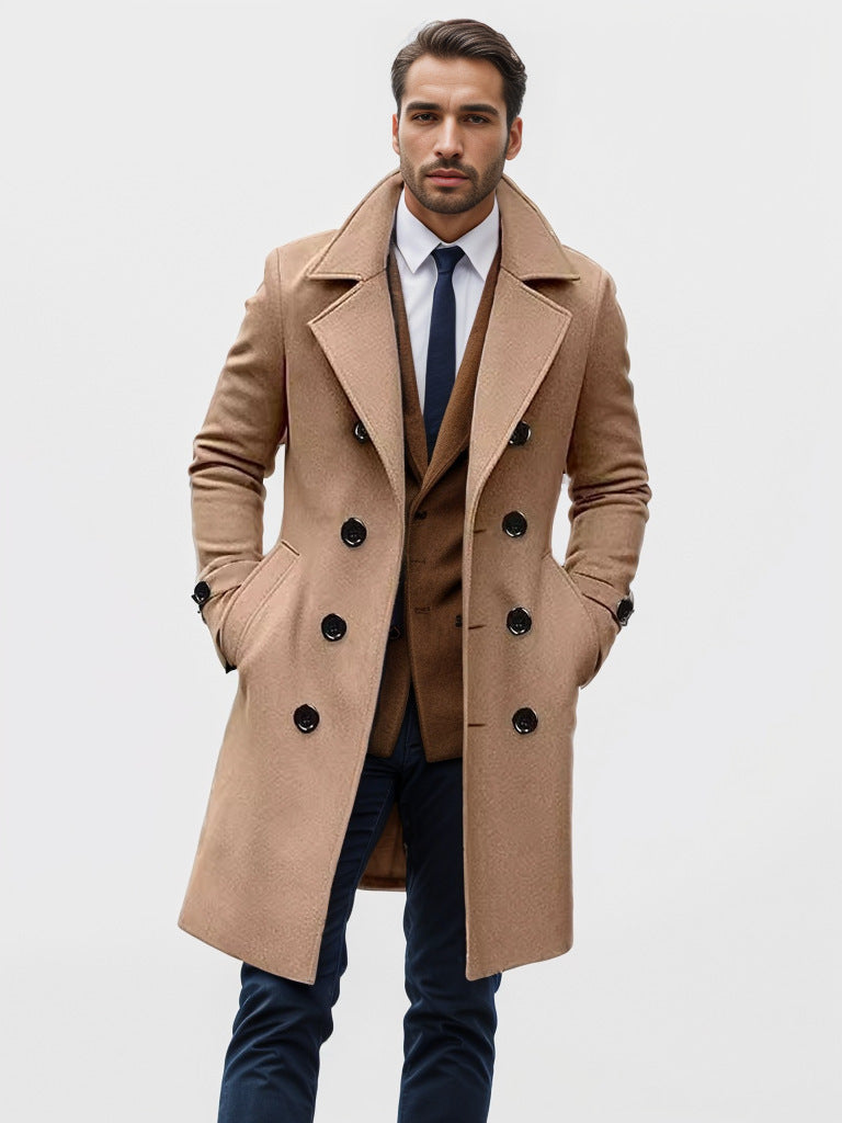 Men's Double-Breasted Trench Coat with Notch Collar and Knee-Length Design