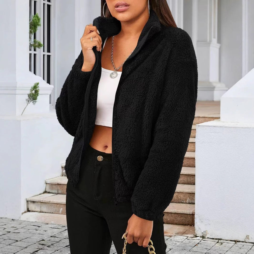 Cozy High Collar Teddy Jacket with Full Zip and Relaxed Fit for Women
