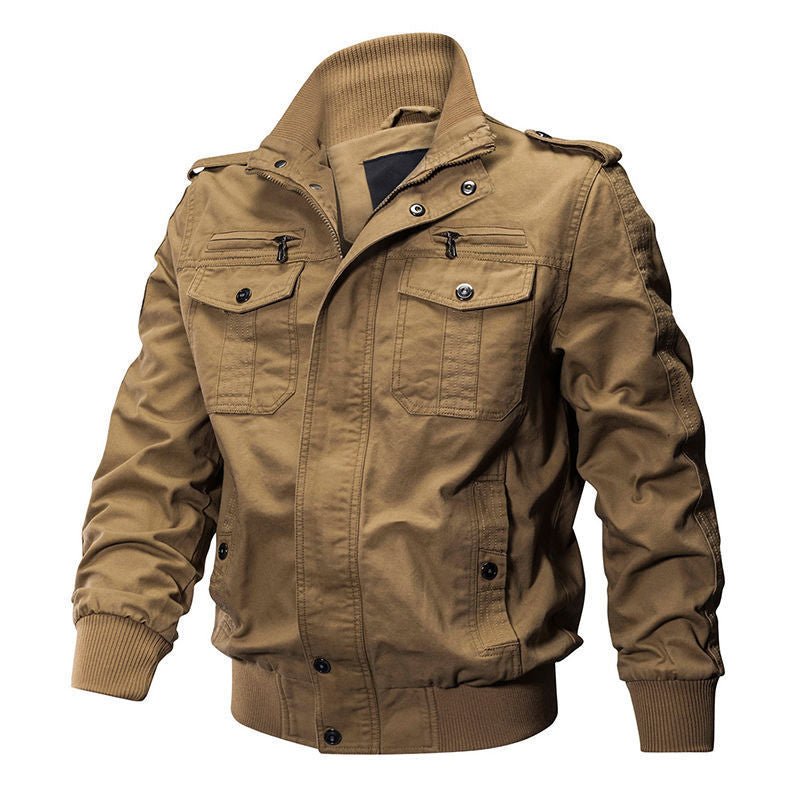 Men's Military-Inspired Canvas Field Jacket with Stand Collar and Zipper Front