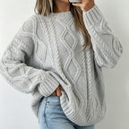 Oversized Cable-Knit Sweater with Crew Neck and Braided Texture