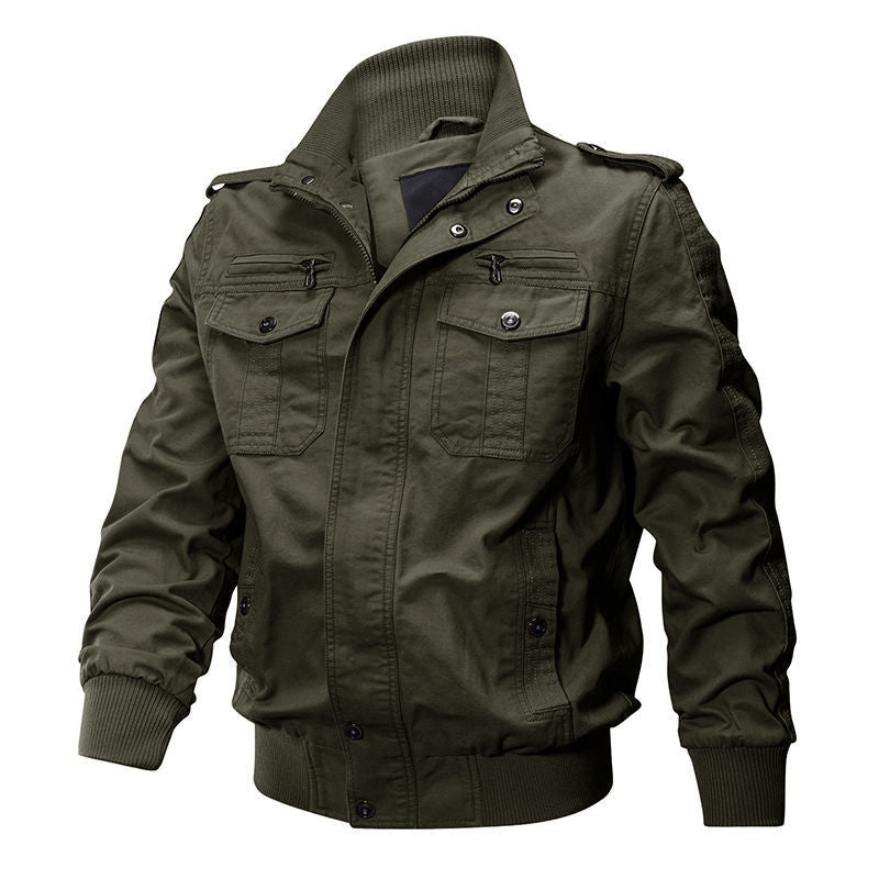 Men's Military-Inspired Canvas Field Jacket with Stand Collar and Zipper Front