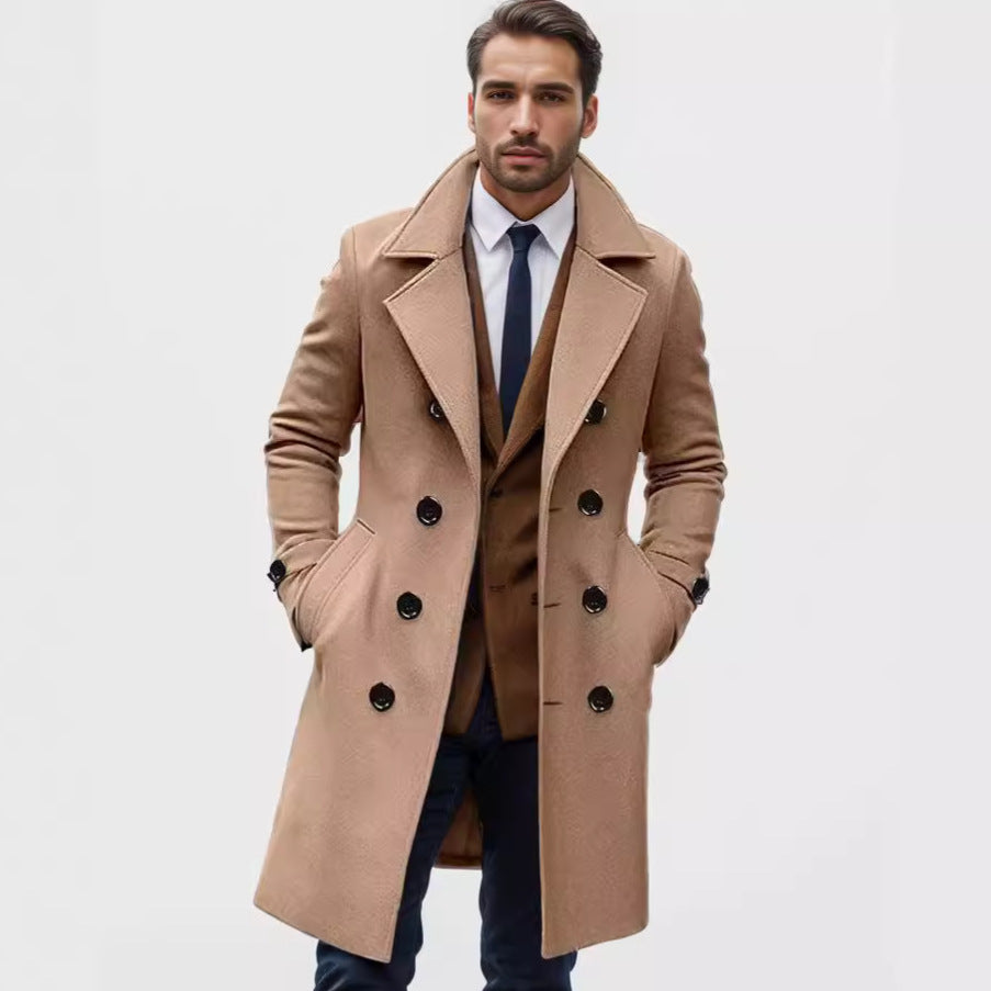 Men's Double-Breasted Trench Coat with Notch Collar and Knee-Length Design