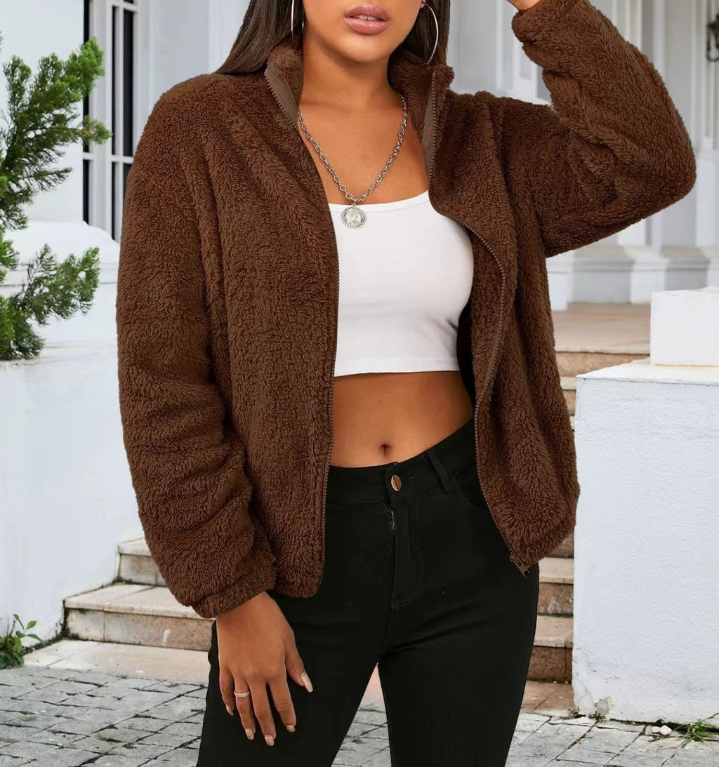Cozy High Collar Teddy Jacket with Full Zip and Relaxed Fit for Women
