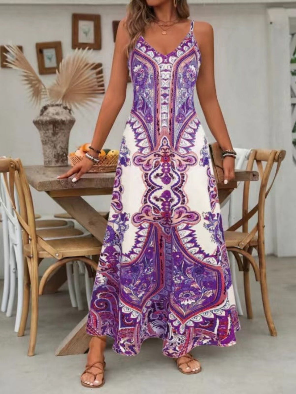 Women’s Bohemian V-Neck Maxi Dress with Relaxed Fit and Standard Sleeves