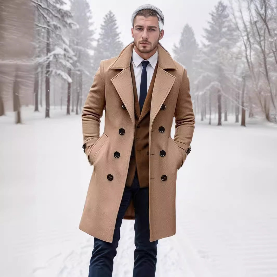 Men's Double-Breasted Trench Coat with Notch Collar and Knee-Length Design