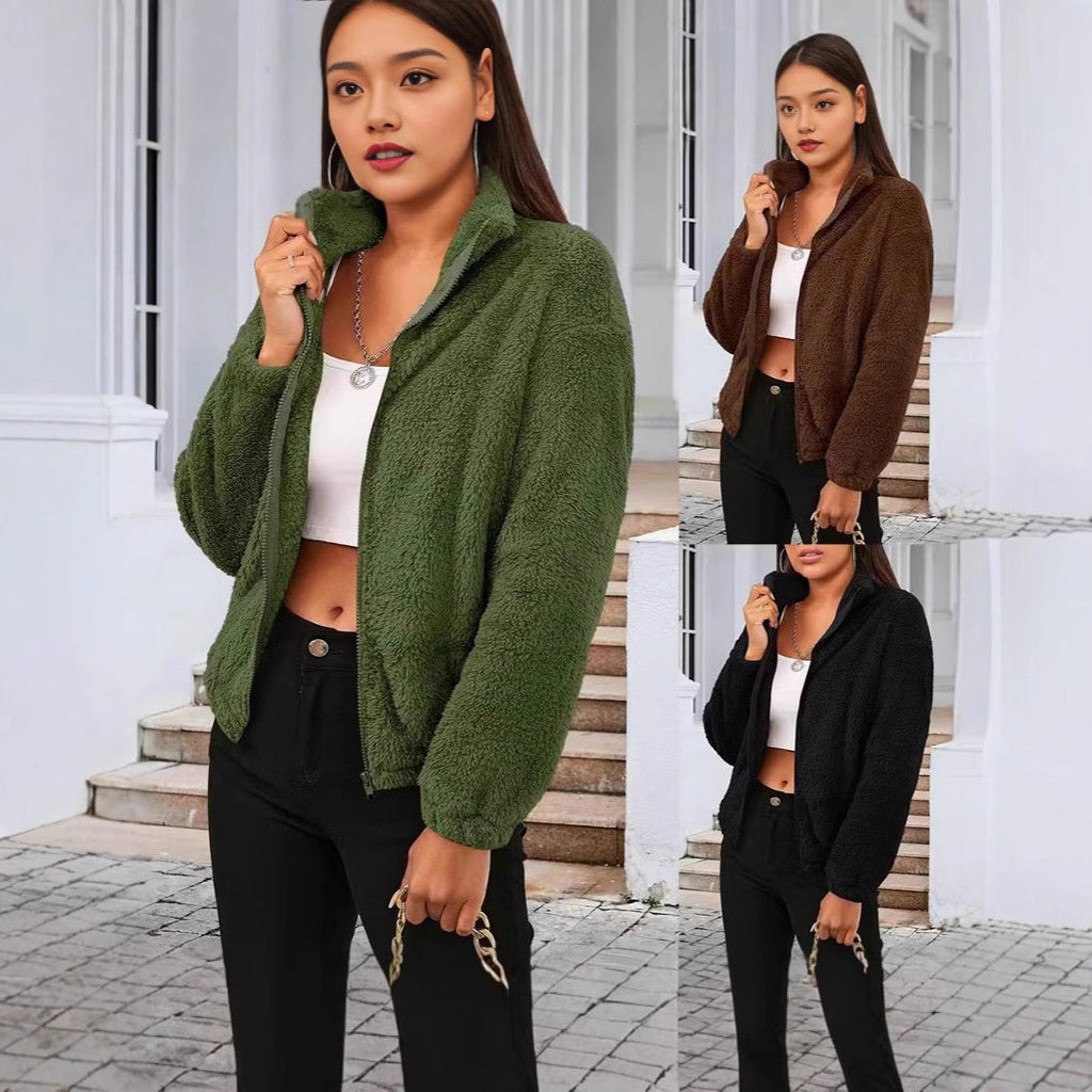 Cozy High Collar Teddy Jacket with Full Zip and Relaxed Fit for Women