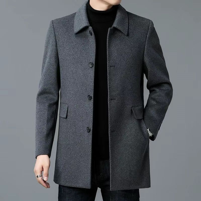 Tailored Men's Mid-Length Overcoat with Notched Collar and Button Closure