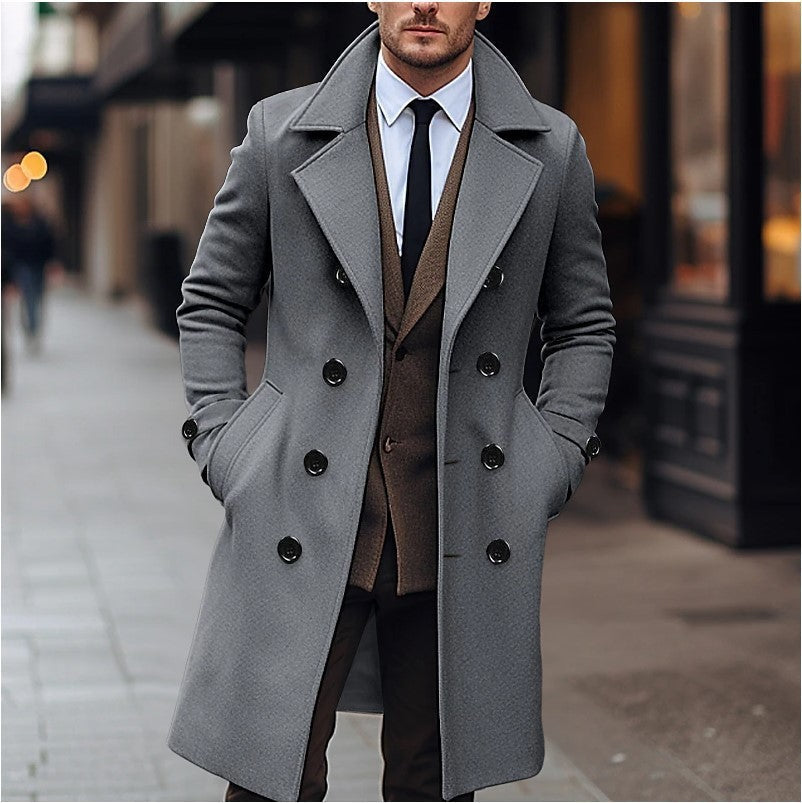 Men's Double-Breasted Trench Coat with Notch Collar and Knee-Length Design