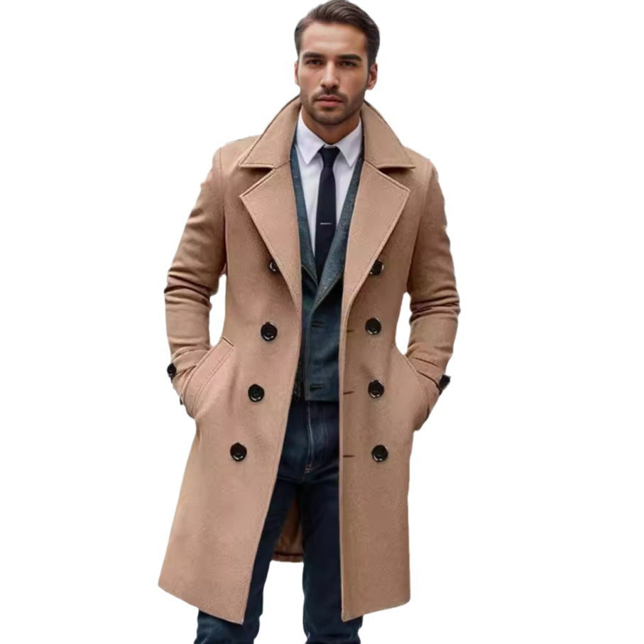 Men's Double-Breasted Trench Coat with Notch Collar and Knee-Length Design