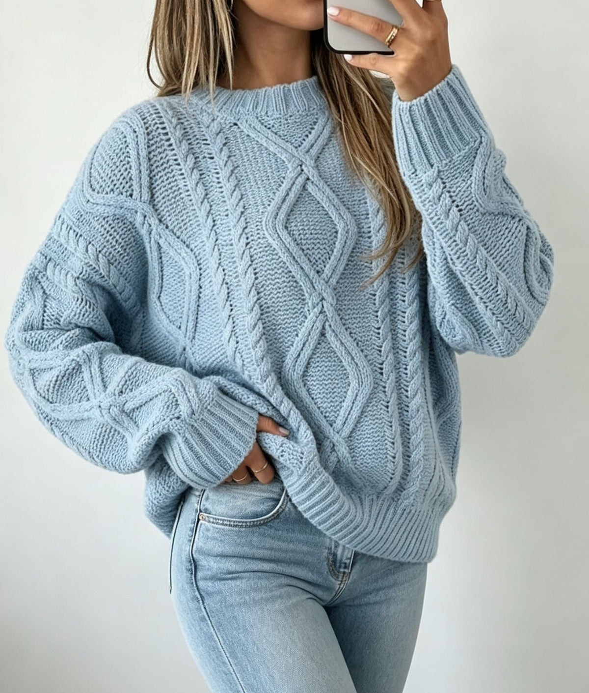 Oversized Cable-Knit Sweater with Crew Neck and Braided Texture