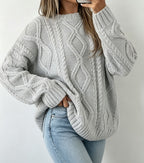 Oversized Cable-Knit Sweater with Crew Neck and Braided Texture