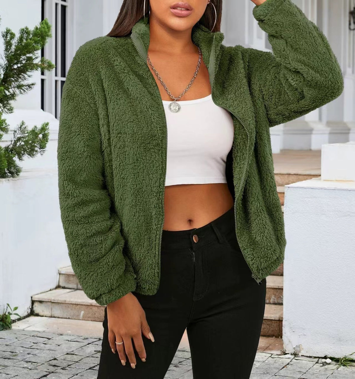 Cozy High Collar Teddy Jacket with Full Zip and Relaxed Fit for Women
