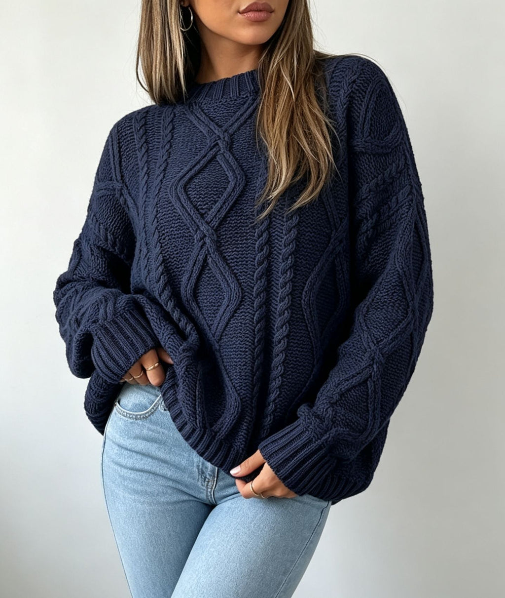 Oversized Cable-Knit Sweater with Crew Neck and Braided Texture
