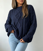 Oversized Cable-Knit Sweater with Crew Neck and Braided Texture